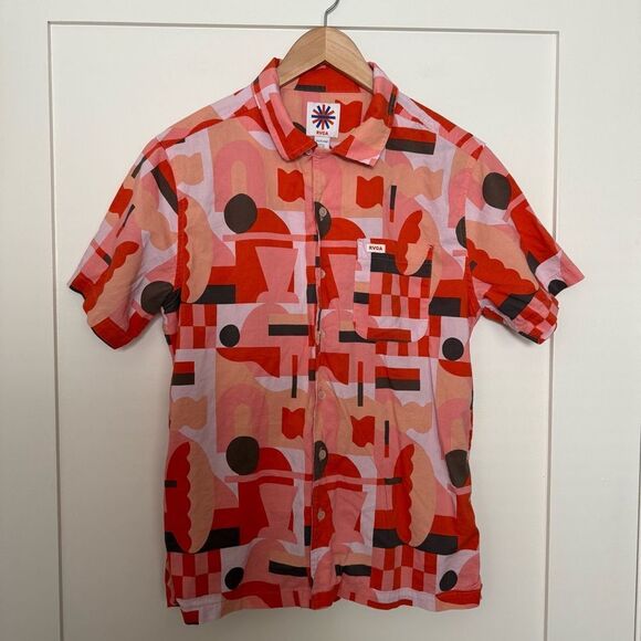 RVCA Jesse Brown Shirt Men Sz S Red Shirt Sleeve Button Up Hawaiian Summer Retro - Picture 1 of 11